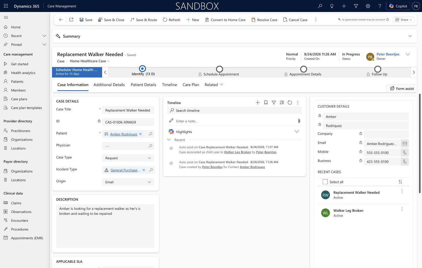 Microsoft Care Management demo: A patient enquiry with a named owner, case history and a clear next step.