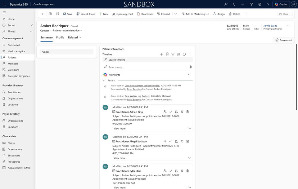 Microsoft Care Management demo: A timeline of recorded patient interactions, appointments and case updates.